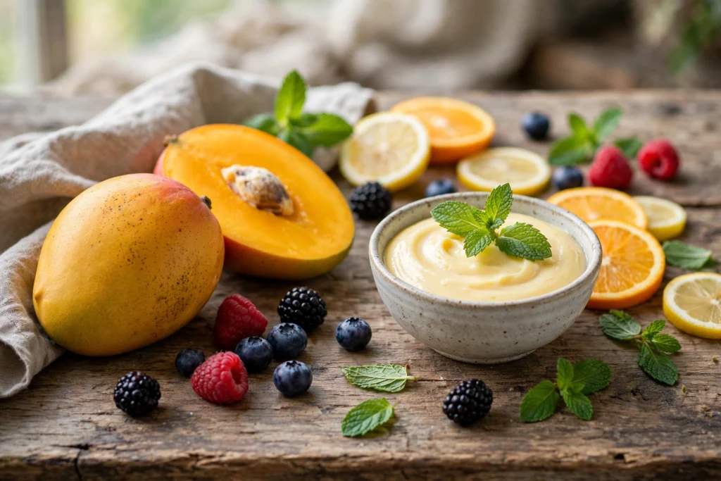 Assorted fresh fruits and mint representing best nic flavours choices