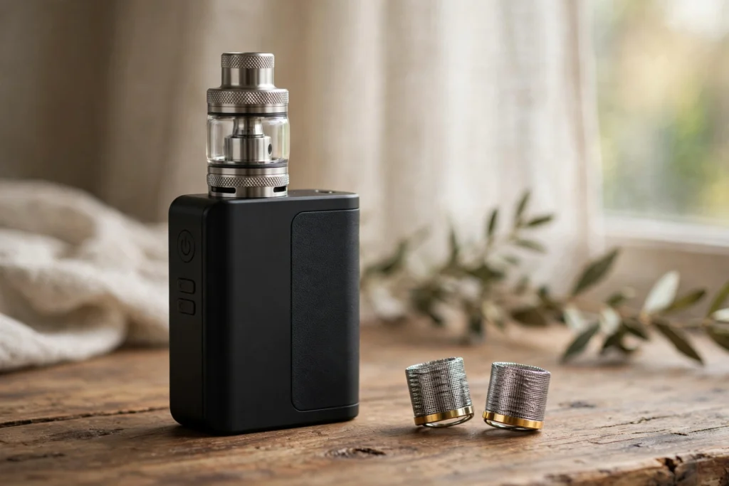 Box mod vape kit with tank and mesh coils on a desk for this freemax maxus kit tune guide