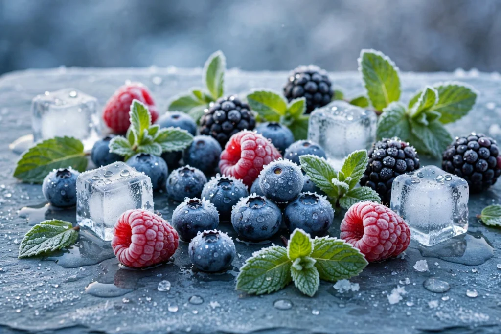 Frosty berries, mint leaves, and ice cubes illustrating the raz ice flavors usa chill ladder guide