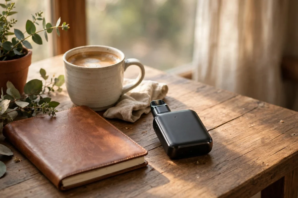 Compact pod vape device beside a notebook and coffee for this novo 5 review usa buying guide
