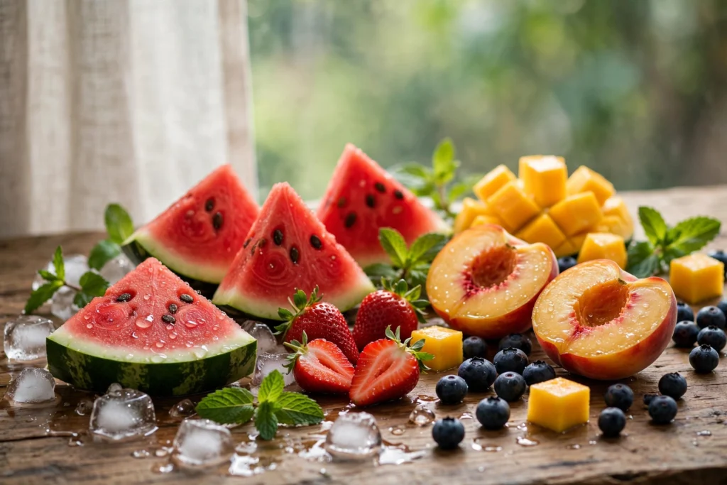 Fresh fruits with ice representing the best geekbar flavors usa taste test