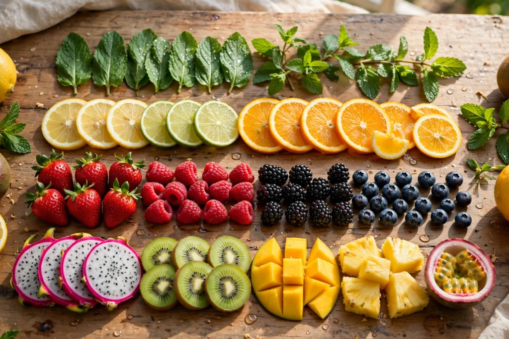 Colorful fruit and mint arrangement illustrating this geekbar flavors chart usa guide