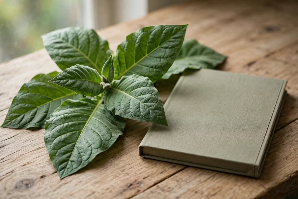 Tobacco leaves and notebook illustrating this nicotine guide usa handbook