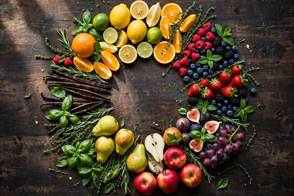 Flavor wheel arrangement of fruits and herbs for this e-liquid flavor profiles guide