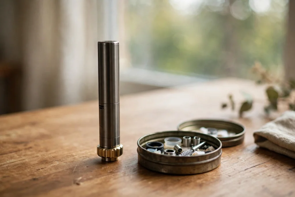 Hands-free close view of twist vape devices usa with an adjustable base dial on a desk