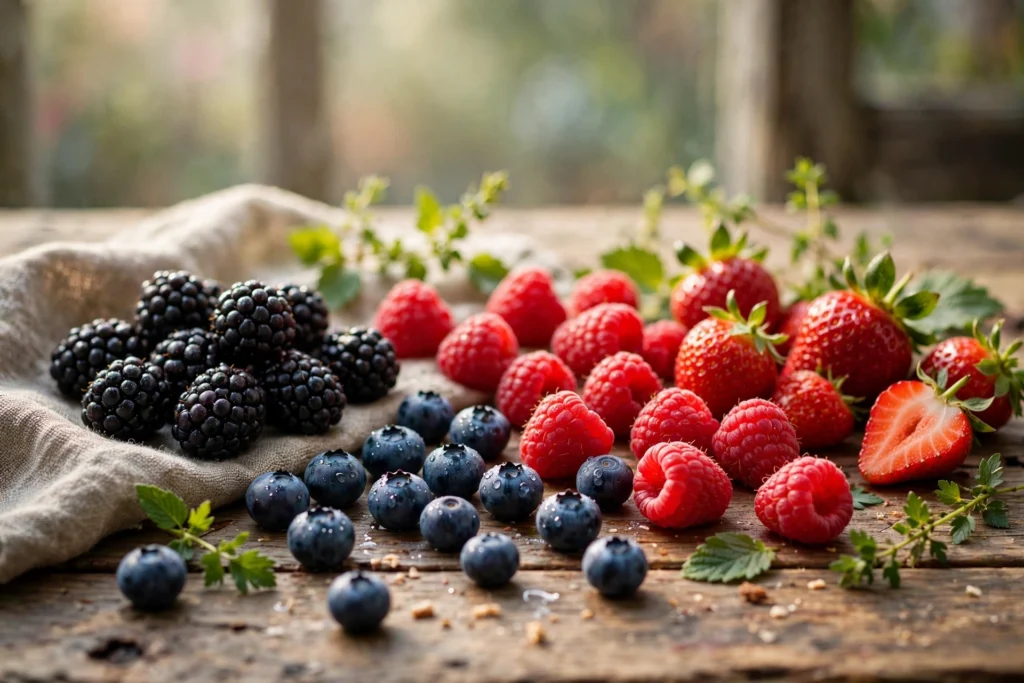 Fresh raspberries, blueberries and strawberries in bowls, berry flavor trends usa guide hero for adult vapers