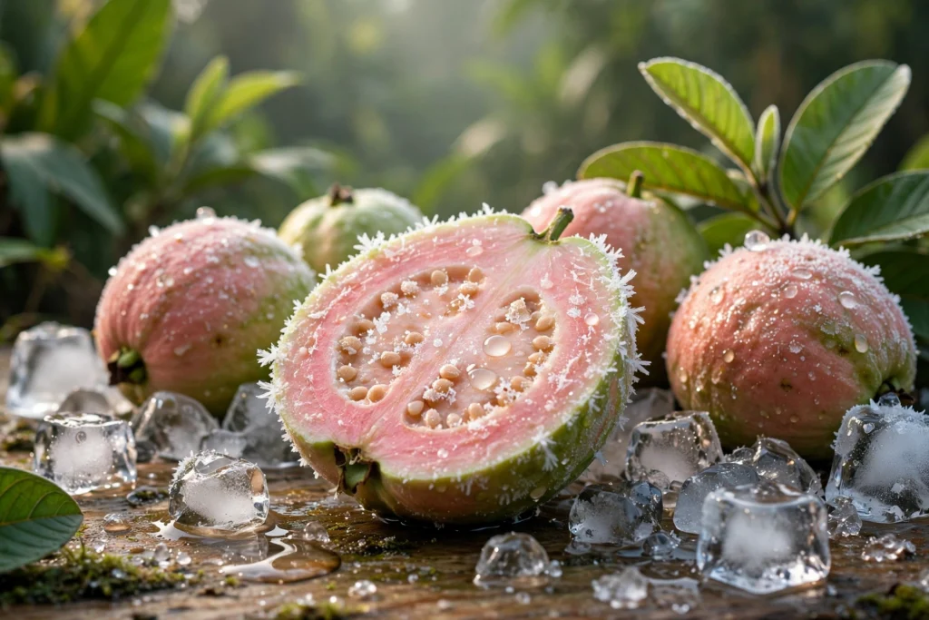 Sliced guava with ice cubes and frost, illustrating the guava ice flavor trend usa for adult frost lovers
