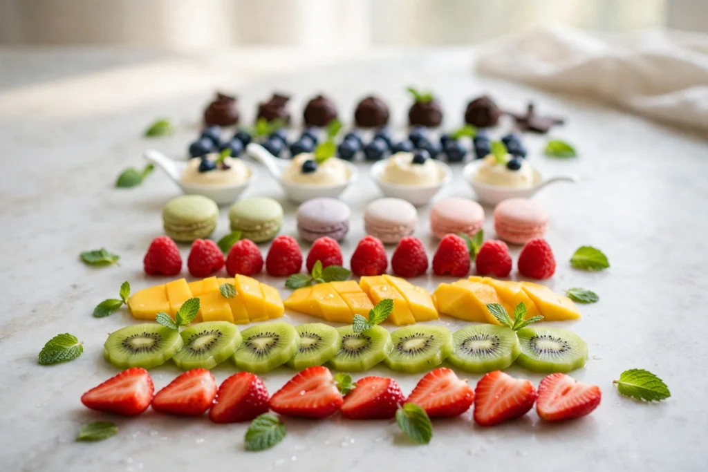 Fruit, mint, and dessert tasting lineup illustrating the best e-liquid flavor trends usa guide