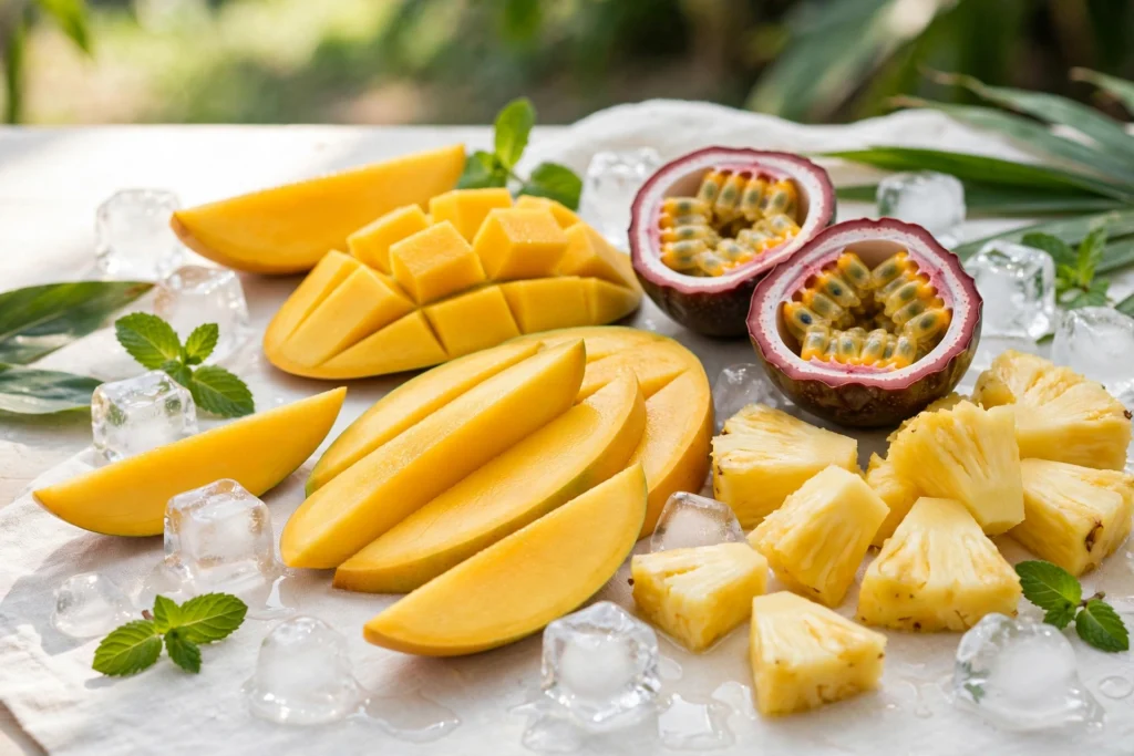 Fresh tropical fruits with ice cubes for this tropical fruity ice tasting playbook