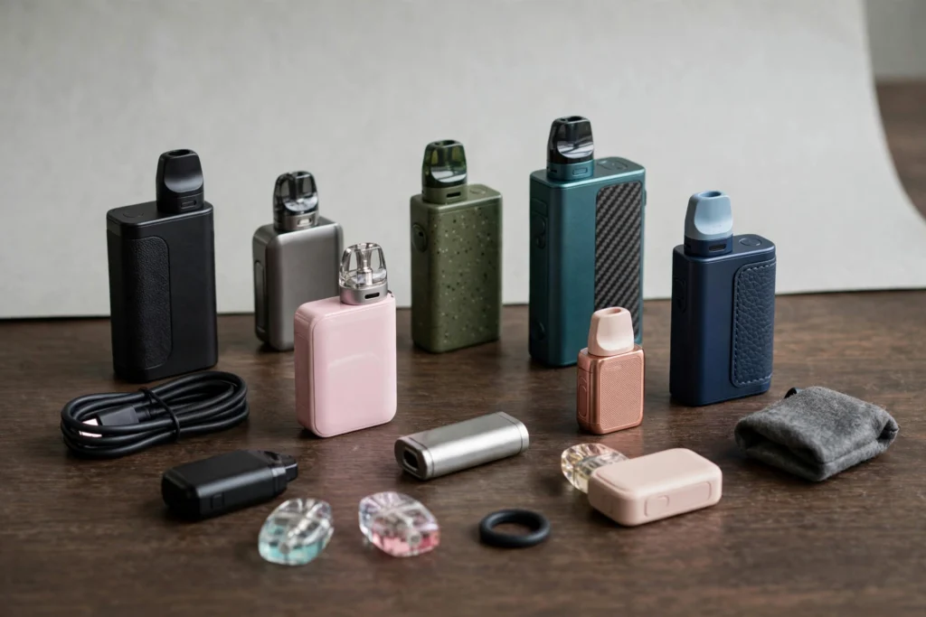 Small compact vape mods arranged on a desk for this small vape mods setup guide
