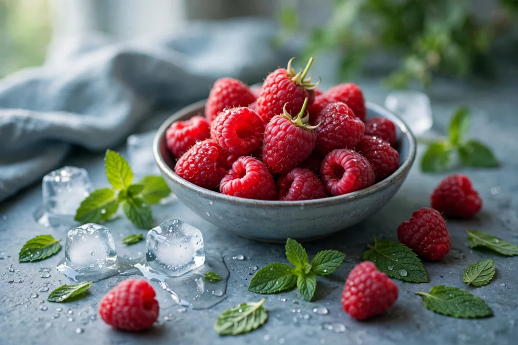 Fresh raspberries with ice cubes and mint for this raspberry ice flavor tasting ladder