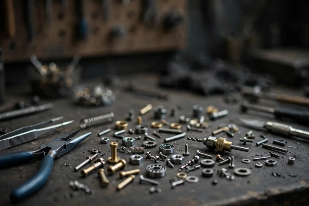 Precision metal parts and tools on a workbench for this vape tank coils airflow tuning guide