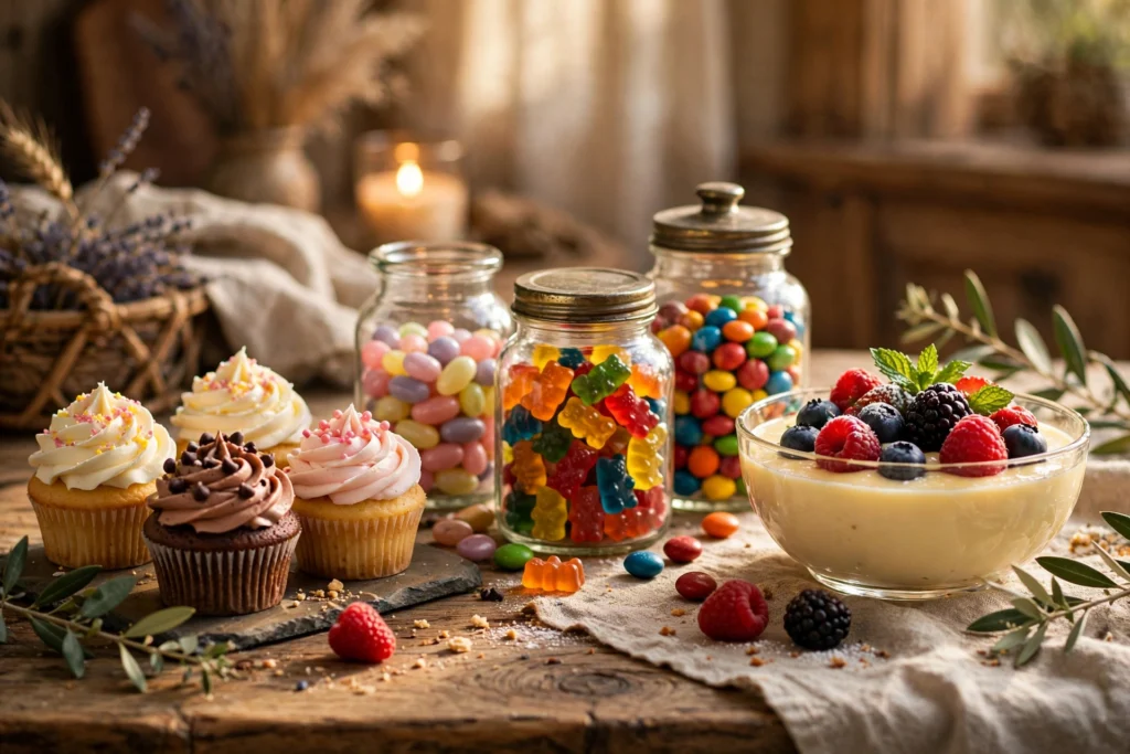 Dessert table with cupcakes, candy jars, and custard for this dessert candy vape tasting map