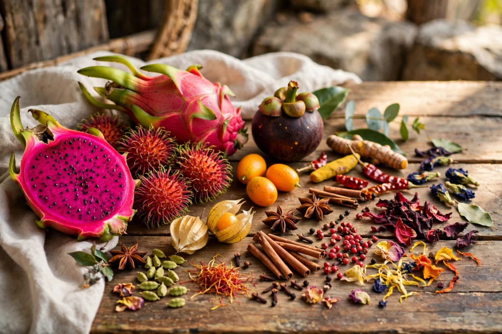 Adventurous taster exploring unusual flavor trends with exotic fruits and spices