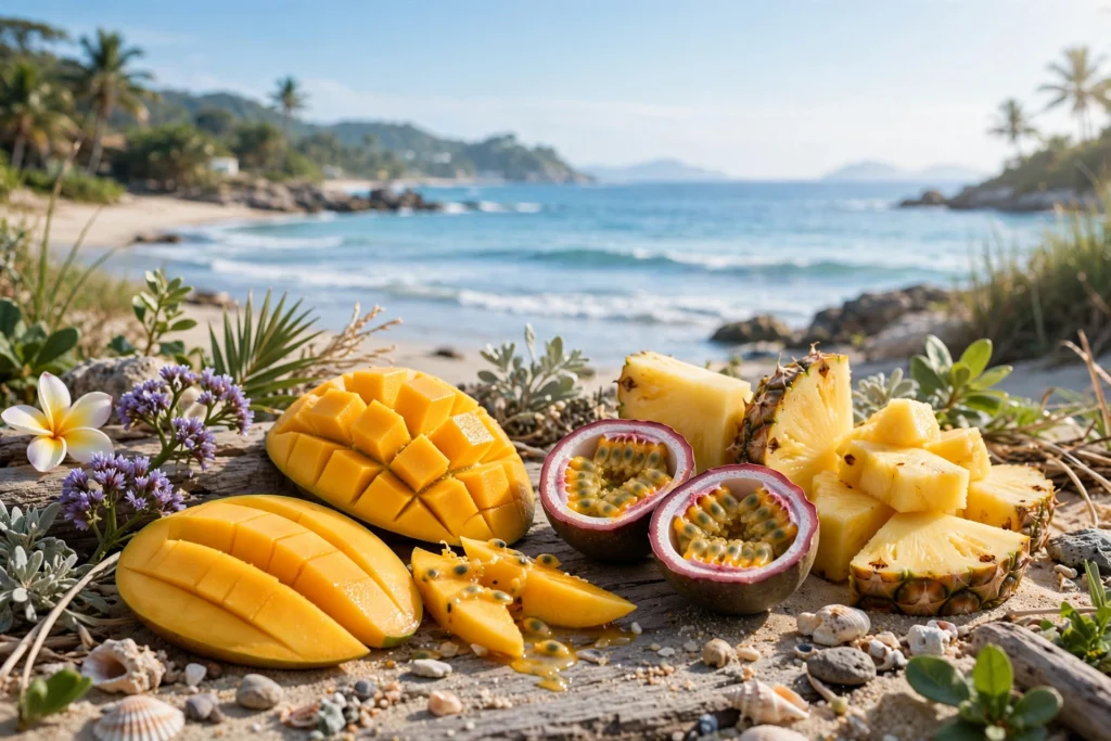 Tasting map of coastal clouds vape juice flavors with tropical fruits and ocean breeze
