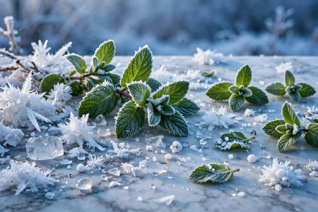 Frosty display of coastal clouds menthol flavors with mint leaves and ice crystals