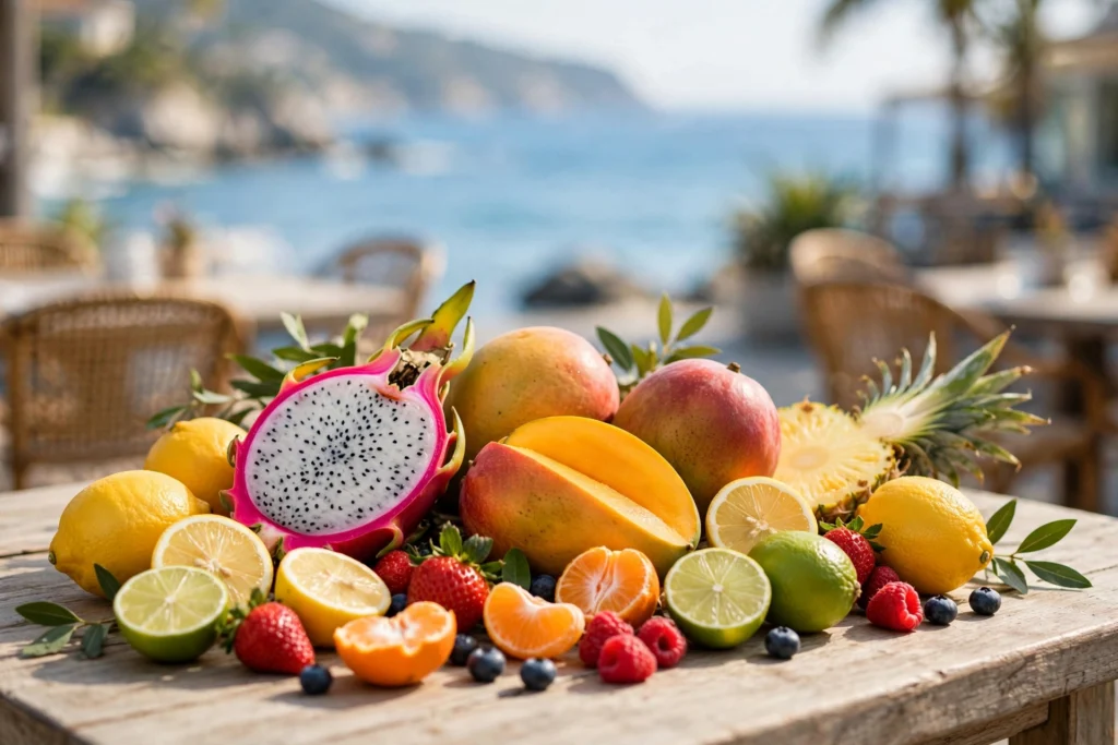 Bright coastal cafe table with tropical fruits, citrus, and berries, hero image for this coastal clouds salt nic usa pairing guide