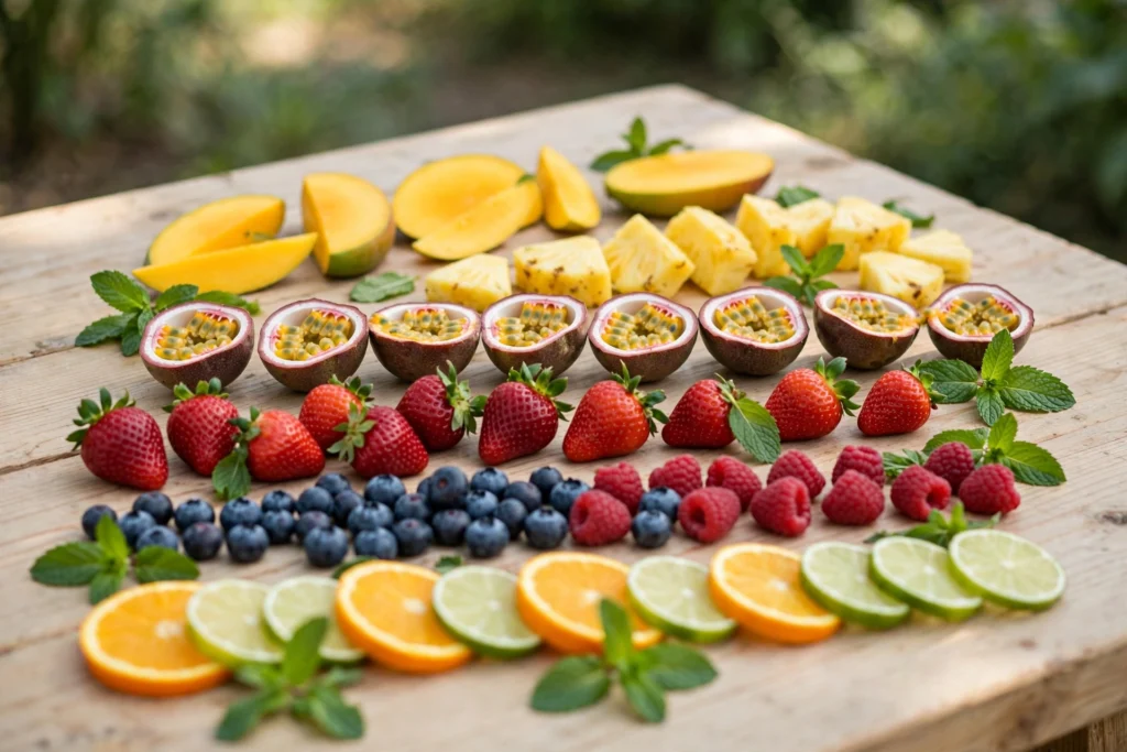 Elegant tasting lineup representing the best coastal clouds flavors with tropical fruits, berries, citrus, and mint