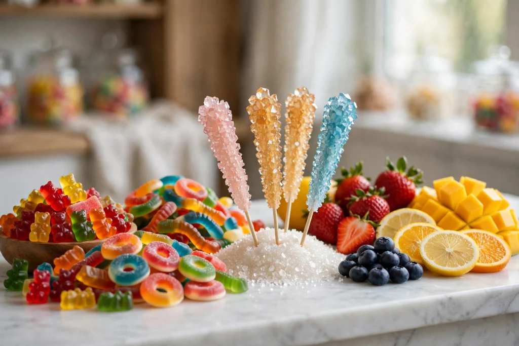 Cloud nurdz vape flavors candy shop still life with gummy candies and fresh fruits