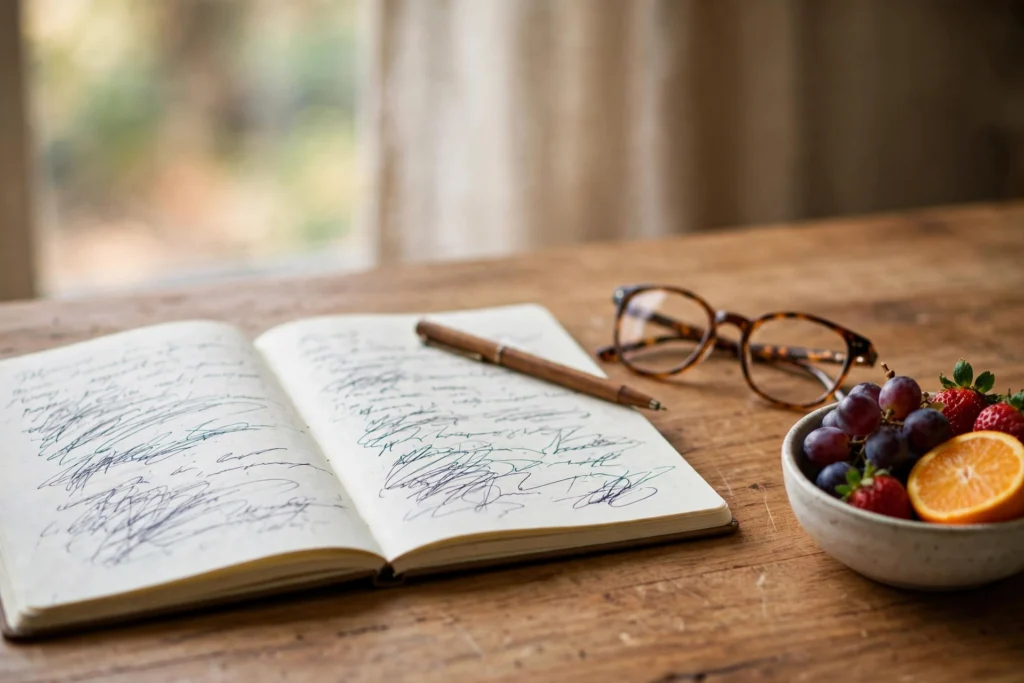 Buyers desk scene with notebook, reading glasses, and fresh fruit showing smart cloud nurdz vape juice shopping habits
