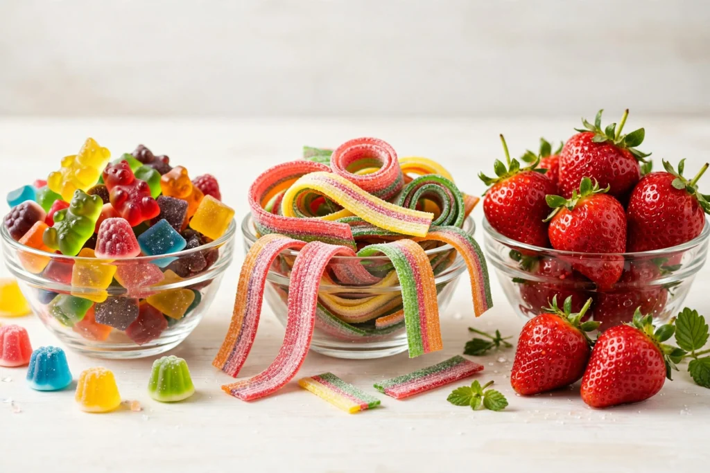 Colorful candy and fruit still life featured in this candy king flavors review guide