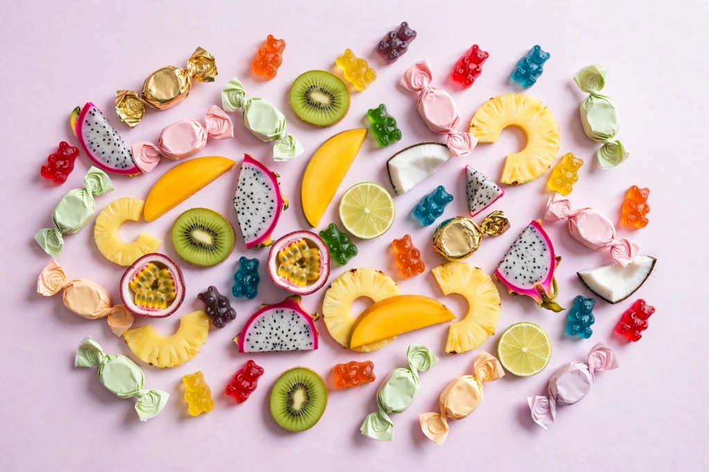 Colorful candies and fruit featured in this candy king disposable review