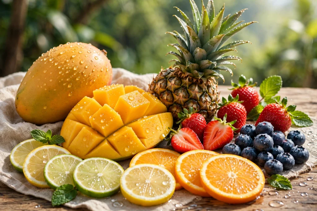 Fresh tropical fruits and berries featured in this fruit monster salt review