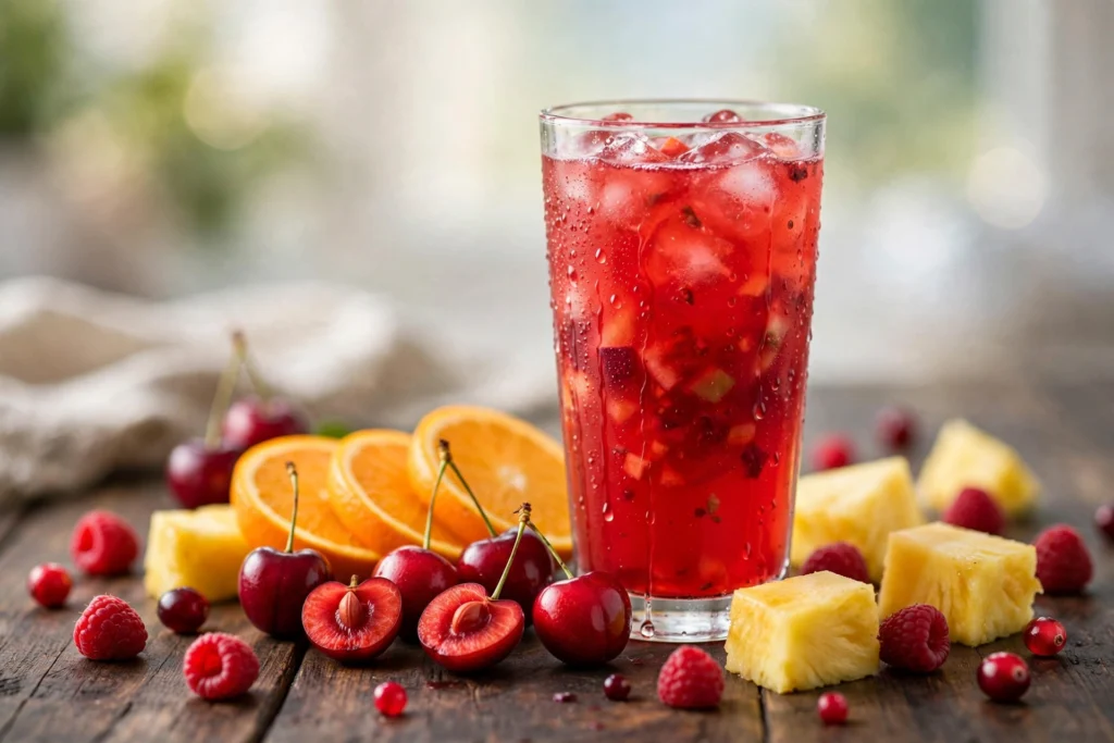 Tall glass of red fruit punch with cherries and pineapple illustrating the fruit punch monster energy flavor guide for vapers.