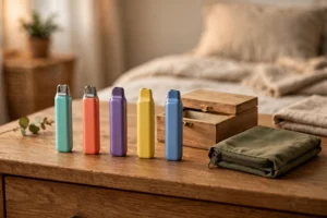Blogs Neatly arranged disposable vape pack of 5 devices in a home storage scene