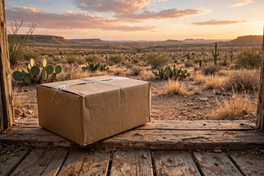 Handbook guide to buy disposable vape online texas with a parcel on a Texas doorstep at sunset