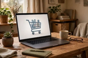 Blogs Home office desk with a laptop showing a shopping cart, illustrating a checklist for the best online vape store usa