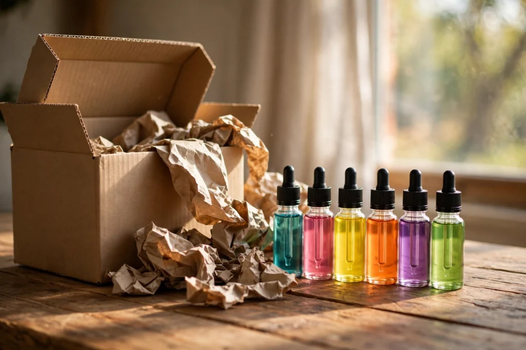 Free shipping vape juice guide showing packaged e-liquid bottles ready for delivery.