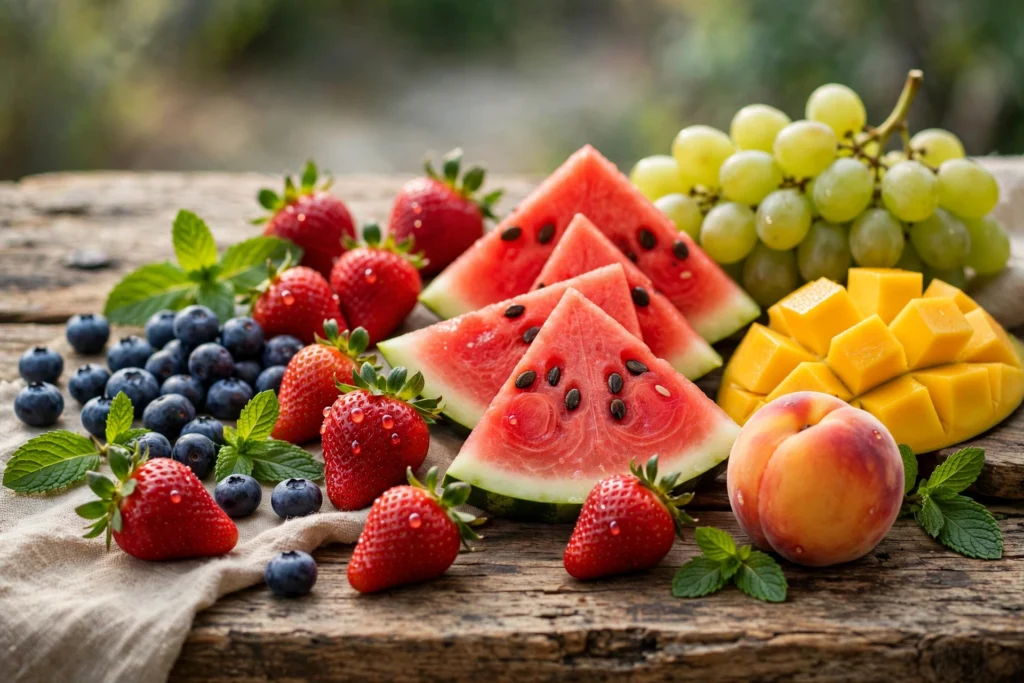 Fresh fruit assortment with watermelon, strawberries and mango for this geek bar flavors list guide