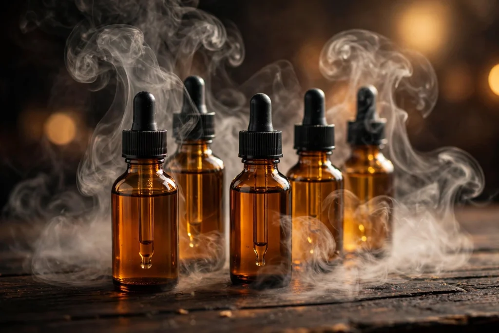 High VG vape juice guide showing e-liquid bottles and vapor clouds