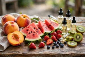 Juice head vape juice tasting guide featuring fresh fruit and e-liquid bottles