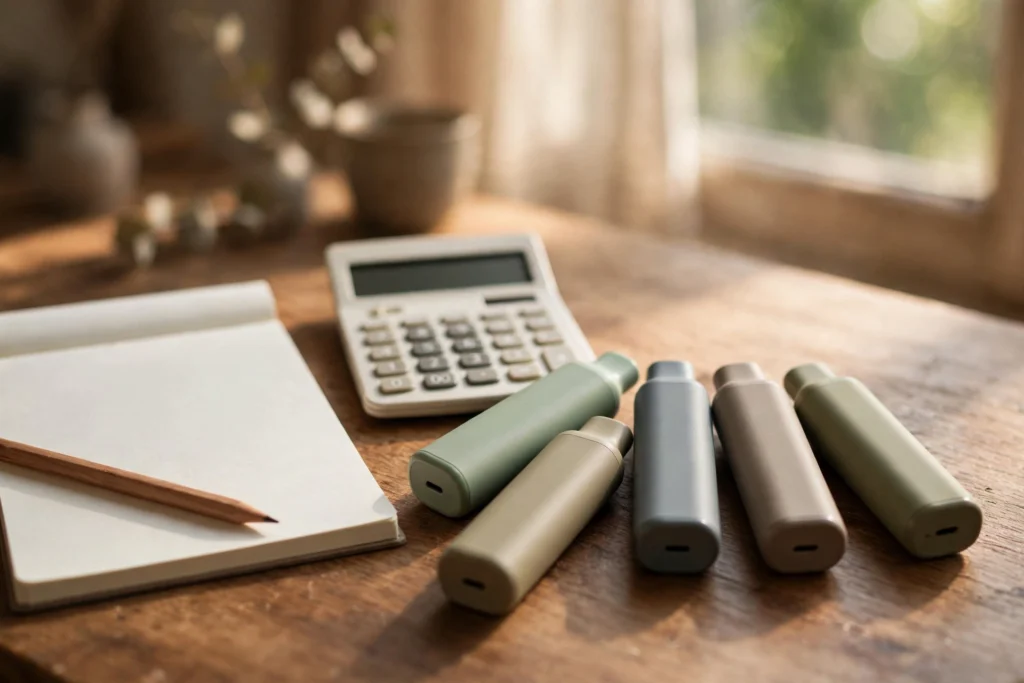 A buyer's audit desk setup for choosing the best disposable vape under 20, with blank notepad, calculator, and unbranded devices