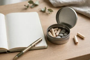 Decision worksheet scene comparing nicotine pouches vs vaping on a clean desk with notebook and pen