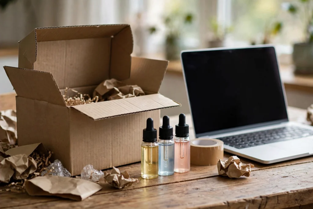 Open shipping box beside e-liquid bottles and a laptop for shoppers who buy vape online free shipping USA wide