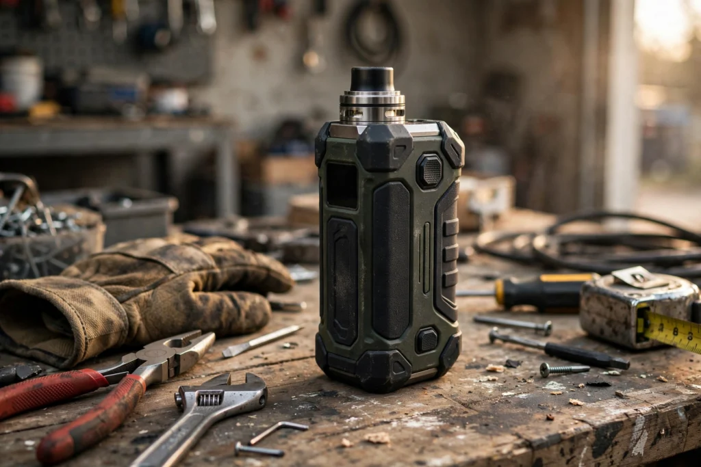 Rugged vape mod on a workbench for this geekvape aegis review 2026 upgrade guide