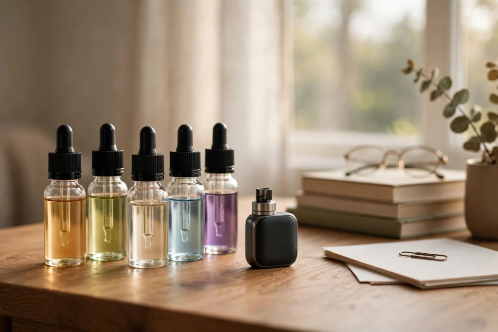 Salt nicotine vs freebase guide hero image with e-liquid bottles and a pod device on a desk