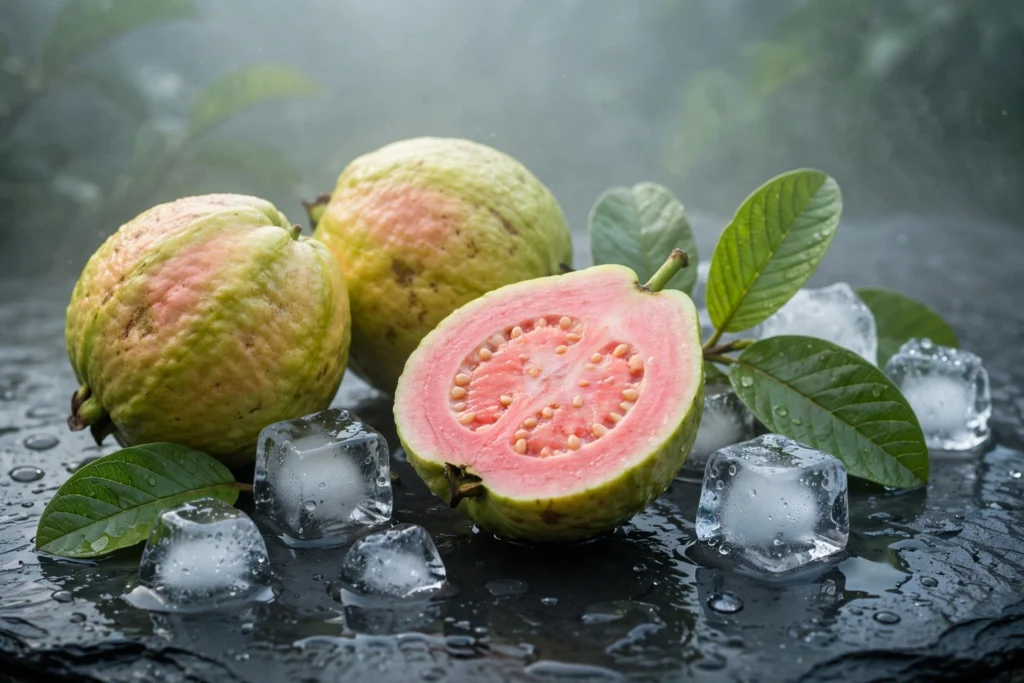 Fresh guava fruits and ice cubes illustrating the guava ice puff experience
