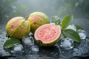 Fresh guava fruits and ice cubes illustrating the guava ice puff experience