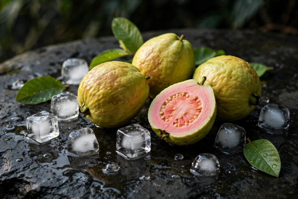 Fresh guava fruit with ice cubes illustrating Pod Juice Guava Ice salt nicotine flavor