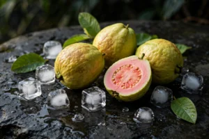 Fresh guava fruit with ice cubes illustrating Pod Juice Guava Ice salt nicotine flavor