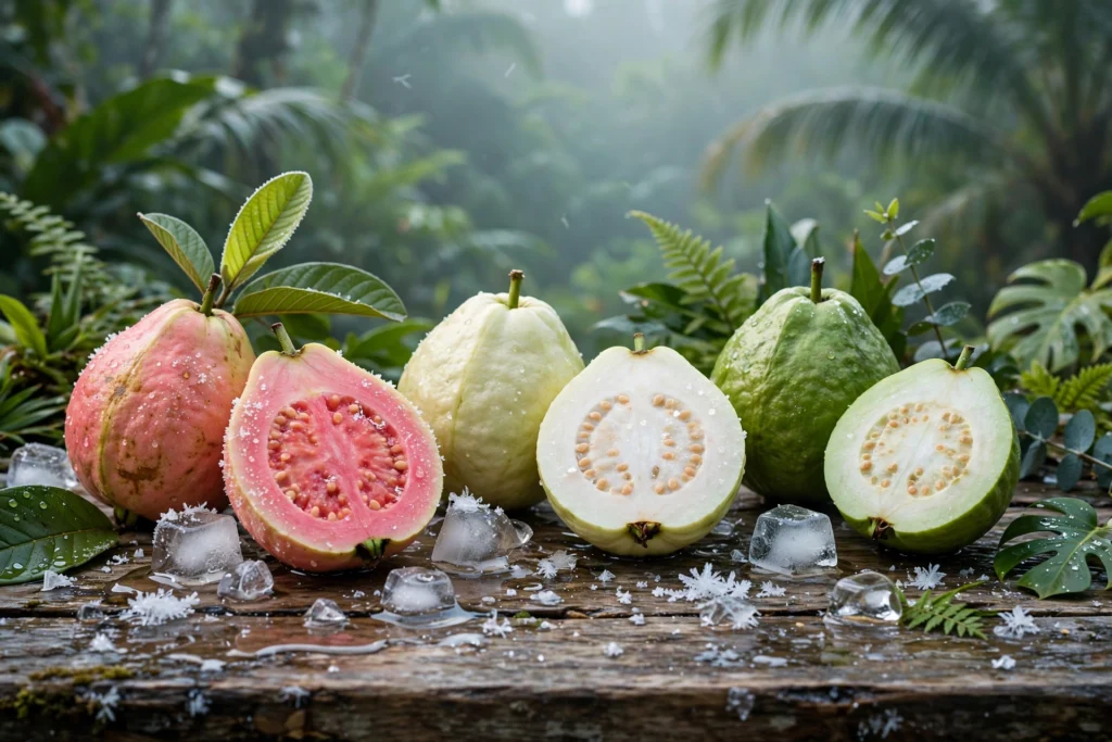 Assorted guava fruits with ice representing top guava ice vape picks for USA vapers