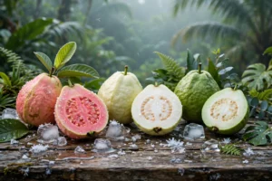 Assorted guava fruits with ice representing top guava ice vape picks for USA vapers