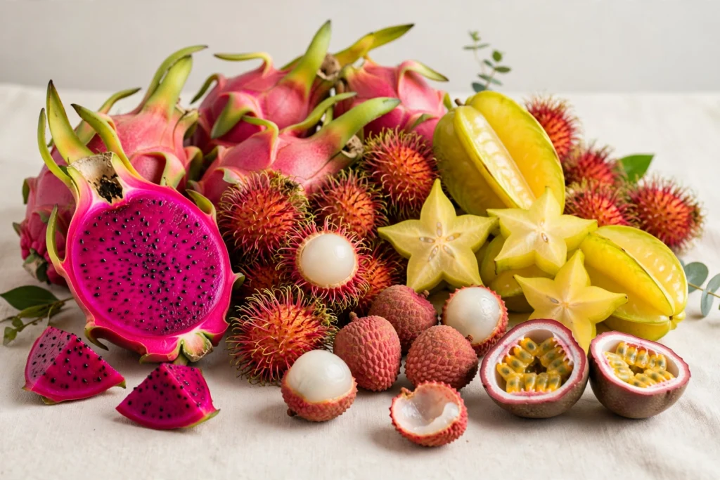 Colorful exotic fruits representing weird vape flavors worth trying
