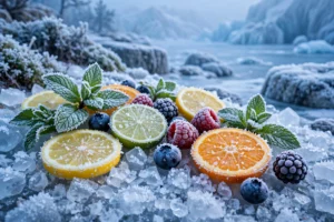 Frost-covered fruit and ice representing cool vape flavors for USA vapers