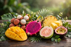 Colorful exotic tropical fruits arranged in a still life representing tropical vape flavors