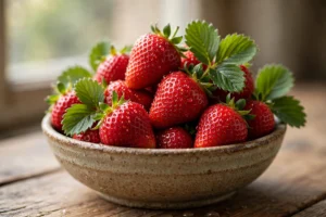 Fresh ripe strawberries in a rustic bowl illustrating strawberry vape juice